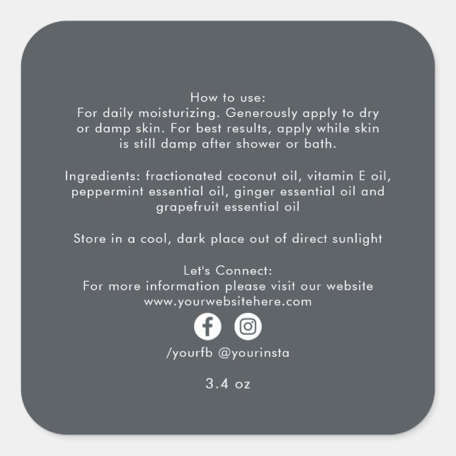 Adesivo Quadrado Ingredientes de Produtos de Beleza Orgânicos para  (Frente)