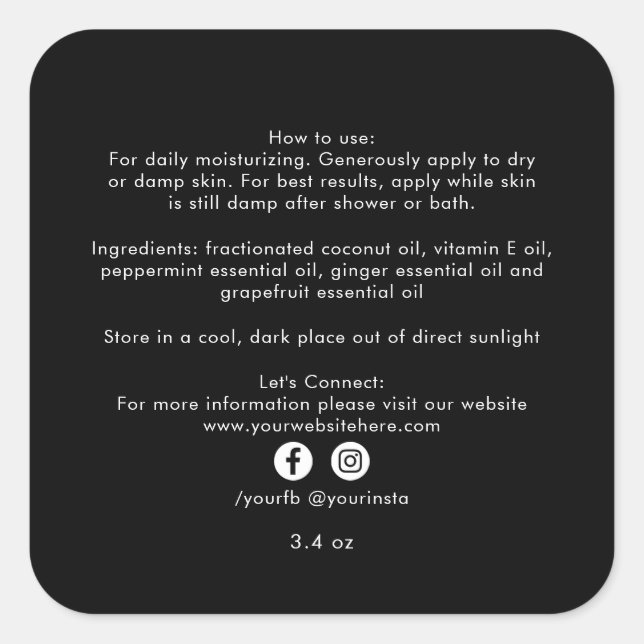 Adesivo Quadrado Ingredientes de Produtos de Beleza Orgânicos para  (Frente)