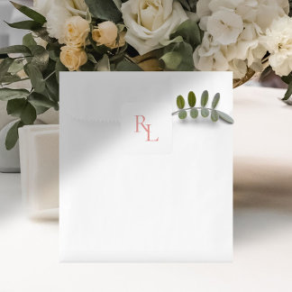 Adesivo Quadrado Iniciais bonito de Casal de Casamento Rosa-Coral