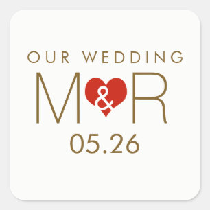 Adesivo Quadrado iniciais com coração de amor vermelho, nosso cas