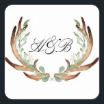 Adesivo Quadrado Iniciais de Aquarela de Antler e Vinha<br><div class="desc">Por Honey & Birch Studios</div>