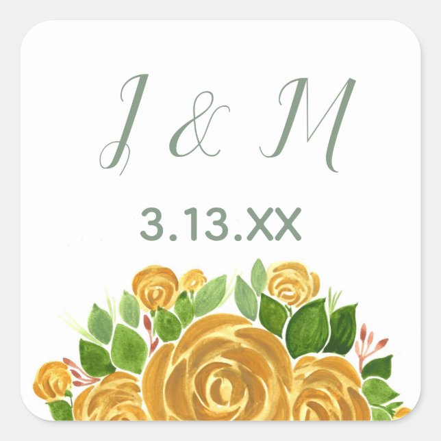 Adesivo Quadrado Iniciais de Rosa Dourada e data (Frente)