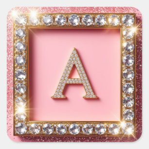 Adesivo Quadrado Inicial de Diamante A Monograma Brilho Rosa