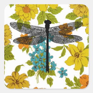 Adesivo Quadrado inseto de libélula Flores natureza Arte de silhue