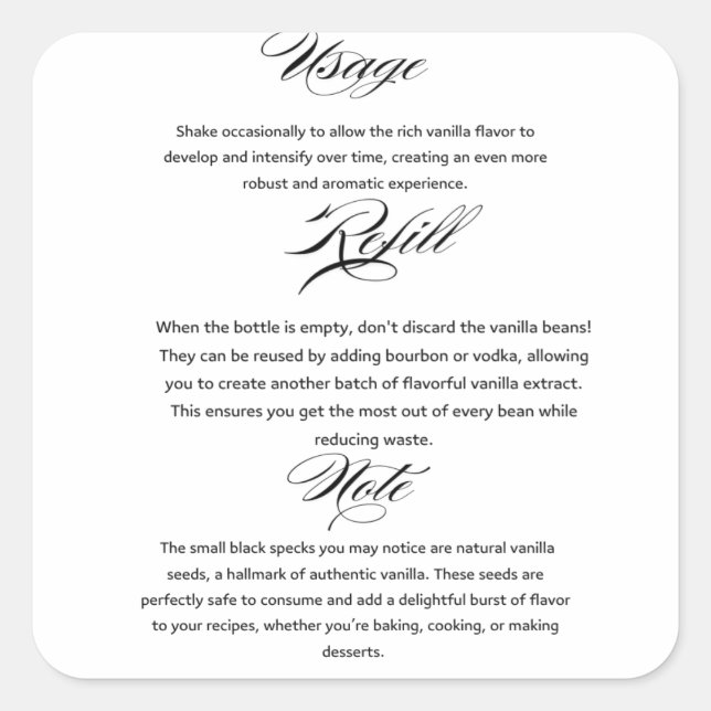 Adesivo Quadrado Instruções de Uso de Extrato de Baunilha Caseiro (Frente)