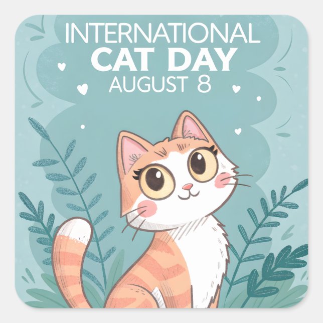 Adesivo Quadrado International Cat Day Cute Whimsical Cat Art (Frente)