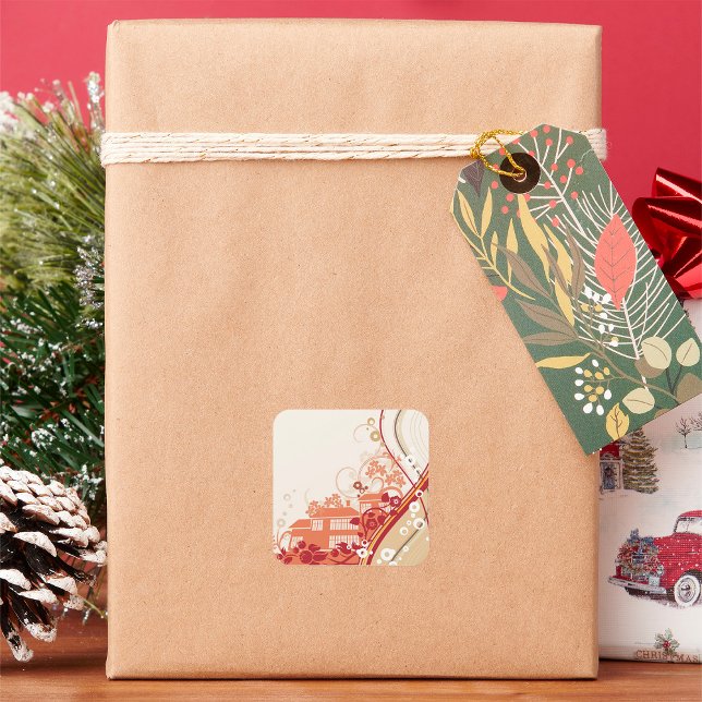 Adesivo Quadrado Inverno de Ilustração de Casa Floral e Padrão Natu (Criador carregado)