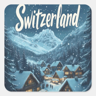 Adesivo Quadrado Inverno na Suiça: Cena da Vila Montanha