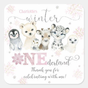 Adesivo Quadrado Inverno ONederland Animais Árticos Neve 1º Anivers
