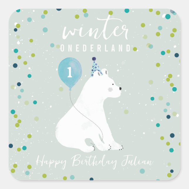 Adesivo Quadrado Inverno Onederland Blue Birday Polar Bear Snow (Frente)