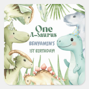 Adesivo Quadrado Invit do primeiro aniversario do Dinossauro Um-A-S