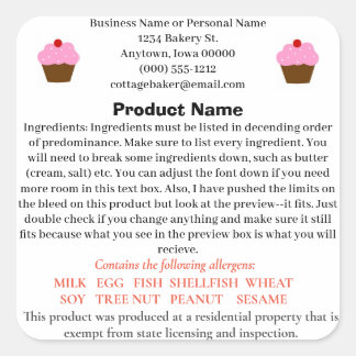 Adesivo Quadrado Iowa Cottage Comida Law Label for home bakery