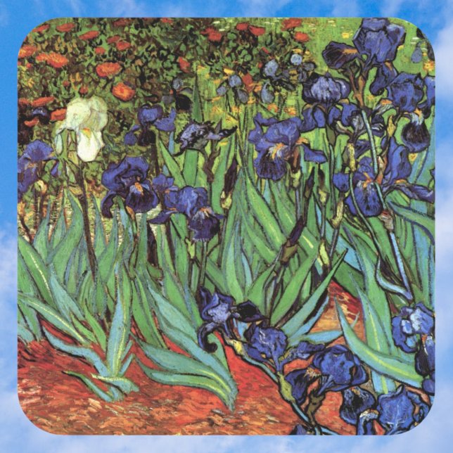 Adesivo Quadrado Írises de Vincent van Gogh, Arte do Jardim de Vint (Irises by Vincent van Gogh, Vintage Garden Art Square Sticker)