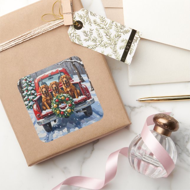 Adesivo Quadrado Irish Red Setter Christmas Red Truck Holiday (Presentear)