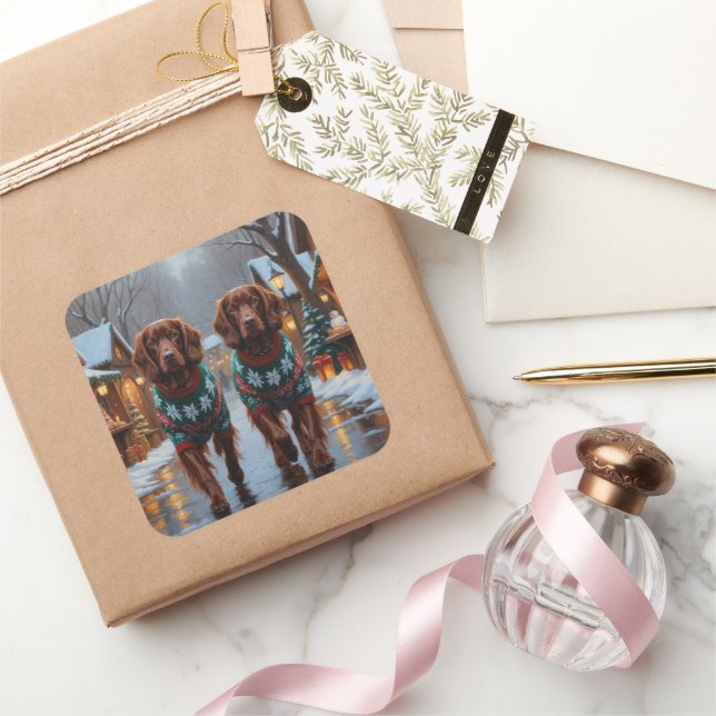 Adesivo Quadrado Irish Red Setter Dogs Christmas Snow Holiday (Presentear)