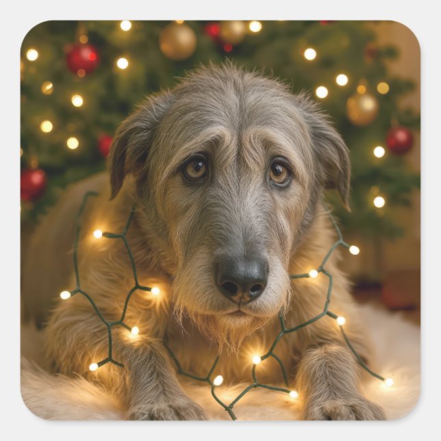 Adesivo Quadrado Irish Wolfhound Tangled In Holiday Lights (Frente)