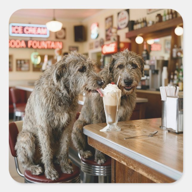 Adesivo Quadrado Irish Wolfhounds Sharing a Milkshake (Frente)