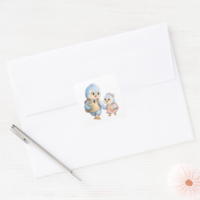 Adesivo Quadrado Irmãos Pássaros Fofos (Envelope)