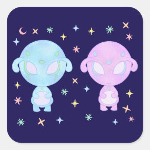 Adesivo Quadrado Irmãs Gêmeas Alien Pastel Arte Kawaii Cósmica Fo