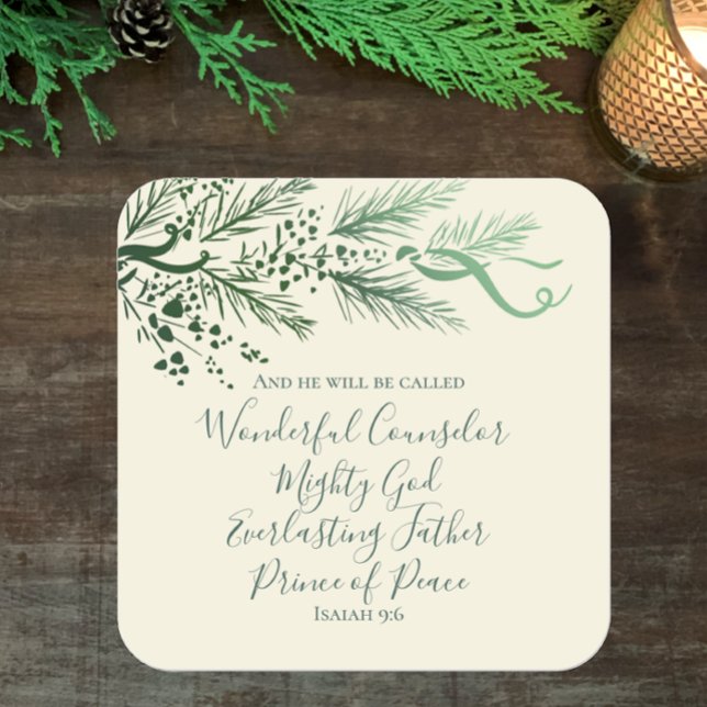 Adesivo Quadrado Isaiah 9:6 Natal de Pinho Verde Único Elegante (Isaiah 9:6 Christian Bible scripture with unique sage greenery elegant script Christmas sticker 
)