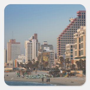 Adesivo Quadrado Israel, Tel Aviv, fachada, hotéis, crepúsculo