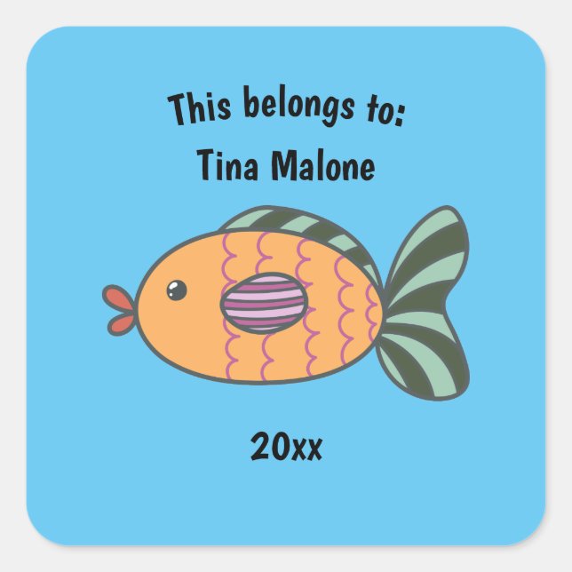 Adesivo Quadrado Isto pertence ao azul de peixe escolar (Frente)