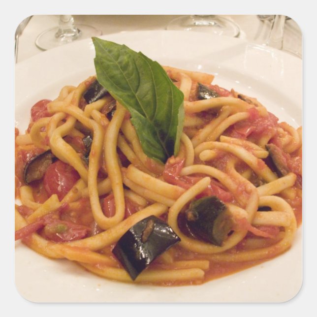 Adesivo Quadrado Itália, Positano. Chá de massa e beringela. (Frente)