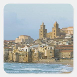 Adesivo Quadrado Itália, Sicília, Cefalù, Vista com Duomo a partir 
