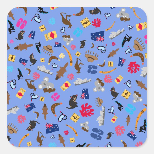Adesivo Quadrado Itens australianos, pelo que a Austalia é famosa (Frente)