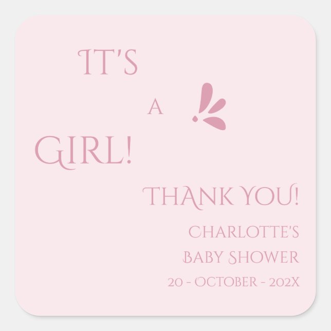 Adesivo Quadrado It's A Girl! Minimalism Pastel Pink Baby Shower (Frente)