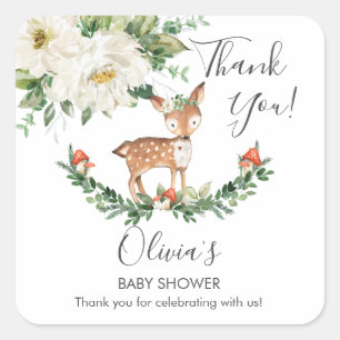Adesivo Quadrado Ivory Floral Deer Fawn Chá de fraldas Aniversári