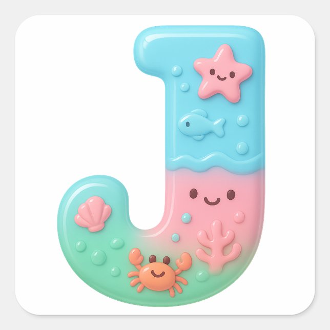 Adesivo Quadrado "J" Cute Letter - Underwater Sea Creature (Frente)