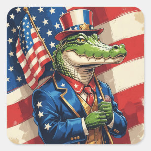 Adesivo Quadrado Jacaré patriótico segurando a bandeira americana