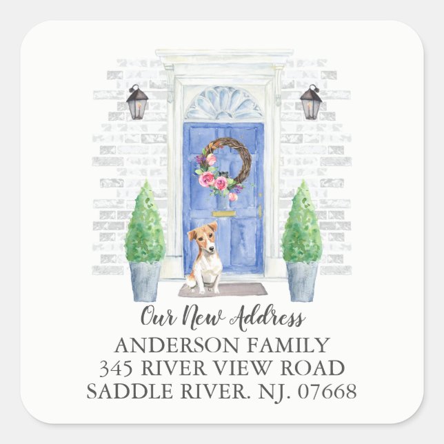 Adesivo Quadrado Jack Russell Blue Door New Address Label (Frente)