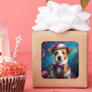Adesivo Quadrado Jack Russell, chapéu branco, flor rosa
