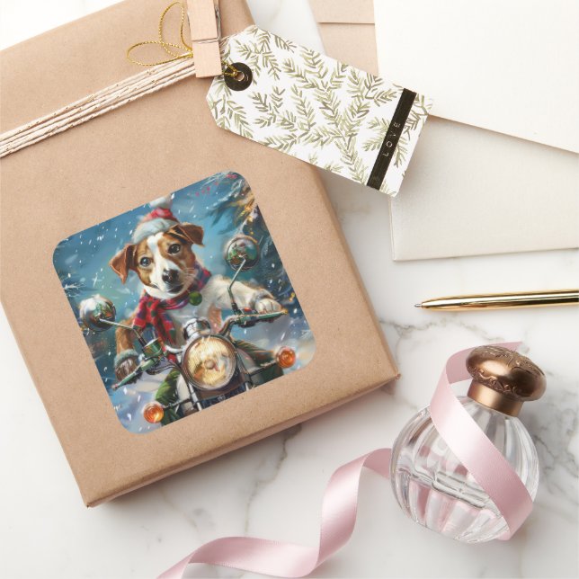 Adesivo Quadrado Jack Russell Cog Andando na Moto Natal (Presentear)