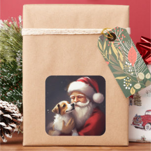 Adesivo Quadrado Jack Russell Com Papai Noel Natal Festivo