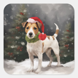 Adesivo Quadrado Jack Russell Dog no Natal da Neve