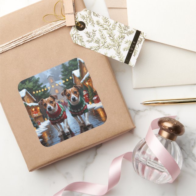 Adesivo Quadrado Jack Russell Dogs Christmas Snow Holiday (Presentear)