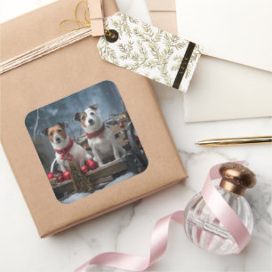 Adesivo Quadrado Jack Russell Snowy Sleigh Decência de Natal