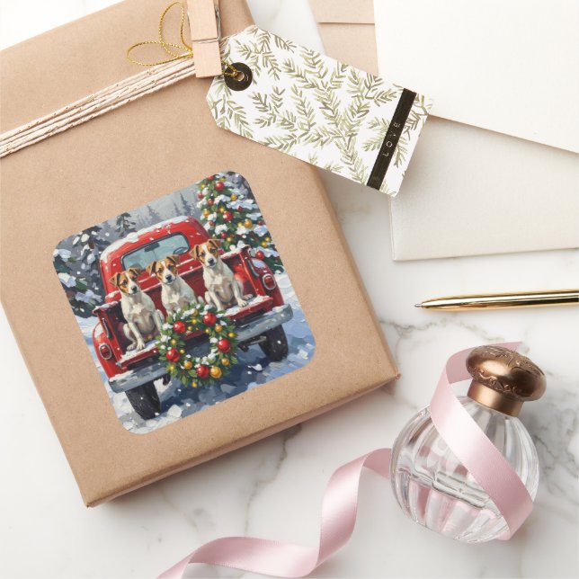 Adesivo Quadrado Jack Russell Terrier Christmas Red Truck Holiday (Presentear)
