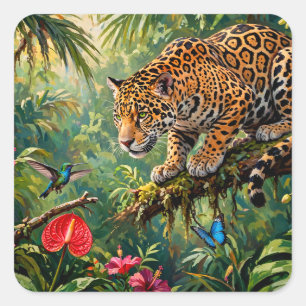 Adesivo Quadrado Jaguar Floresta Tropical Beija-flores Borboletas F