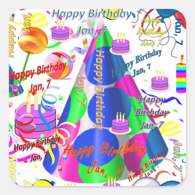 Adesivo Quadrado Janeiro, 7 Aniversários de criança (Frente)