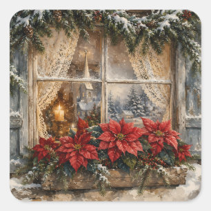 Adesivo Quadrado Janela de Natal com Poinsettia Nevada