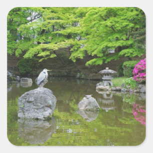 Adesivo Quadrado Japão, Quioto. Garça entre folhas verdes frescas