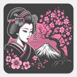 Adesivo Quadrado Japonês Geisha Monte Fuji Japonês Cherry Blossom