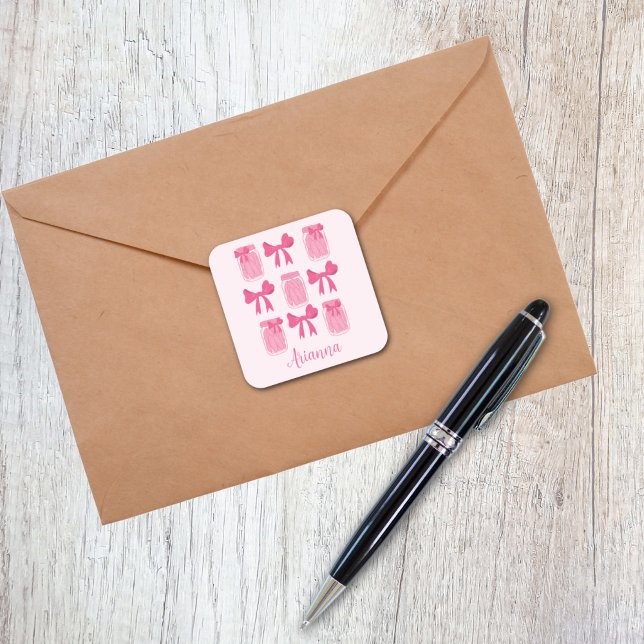 Adesivo Quadrado Jar de picles de coquete rosa-quente e Arco person (Hot Pink Coquette Pickle Jar and Bow Personalized Sticker)