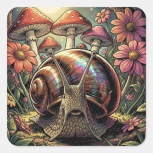 Adesivo Quadrado Jardim Caprichoso de Caracol e Cogumelo Cósmico