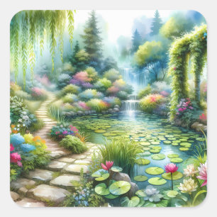 Adesivo Quadrado Jardim da Cachoeira Encantada Lagoa de Lírios