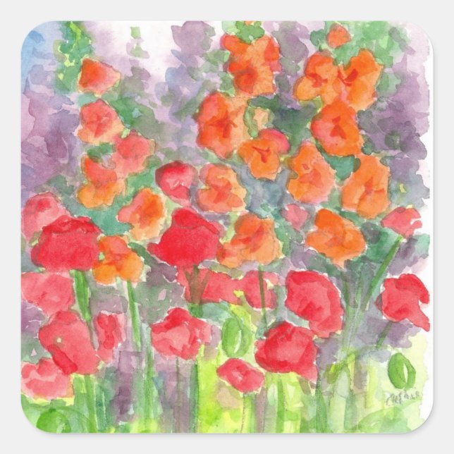 Adesivo Quadrado Jardim de Aquarela com Flor Gladiola Laranja (Frente)